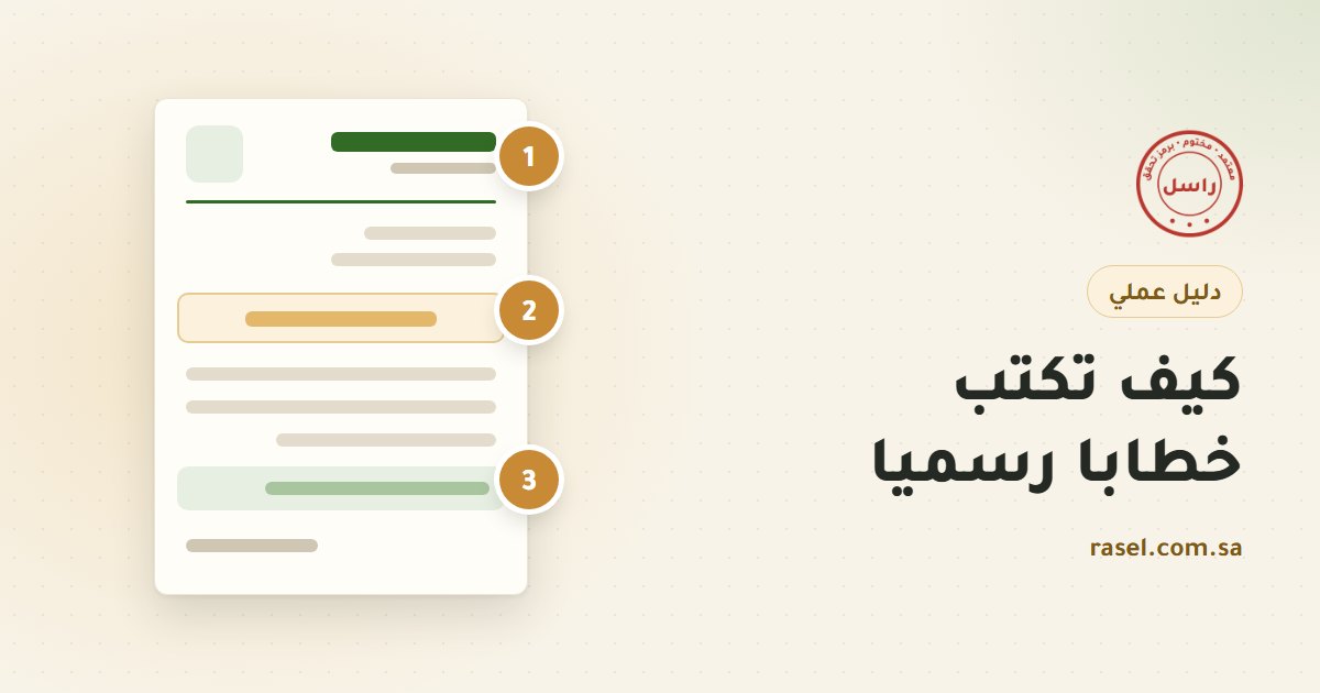 غلاف دليل كتابة الخطاب الرسمي: ورقة خطاب بترويسة خضراء وسطر موضوع مظلل بالذهبي، وعلى حافتها ثلاث دوائر مرقمة للجهة والموضوع والمطلوب